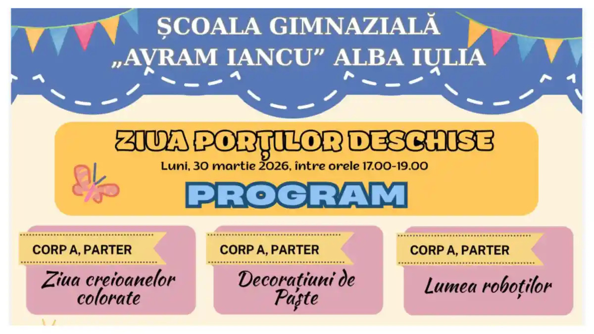 30 martie 2026 Ziua Portilor Deschise la Scoala Gimnaziala Avram Iancu Alba Iulia Activitati dedicate creioanelor colorate culorilor primaverii si lumii robotilor