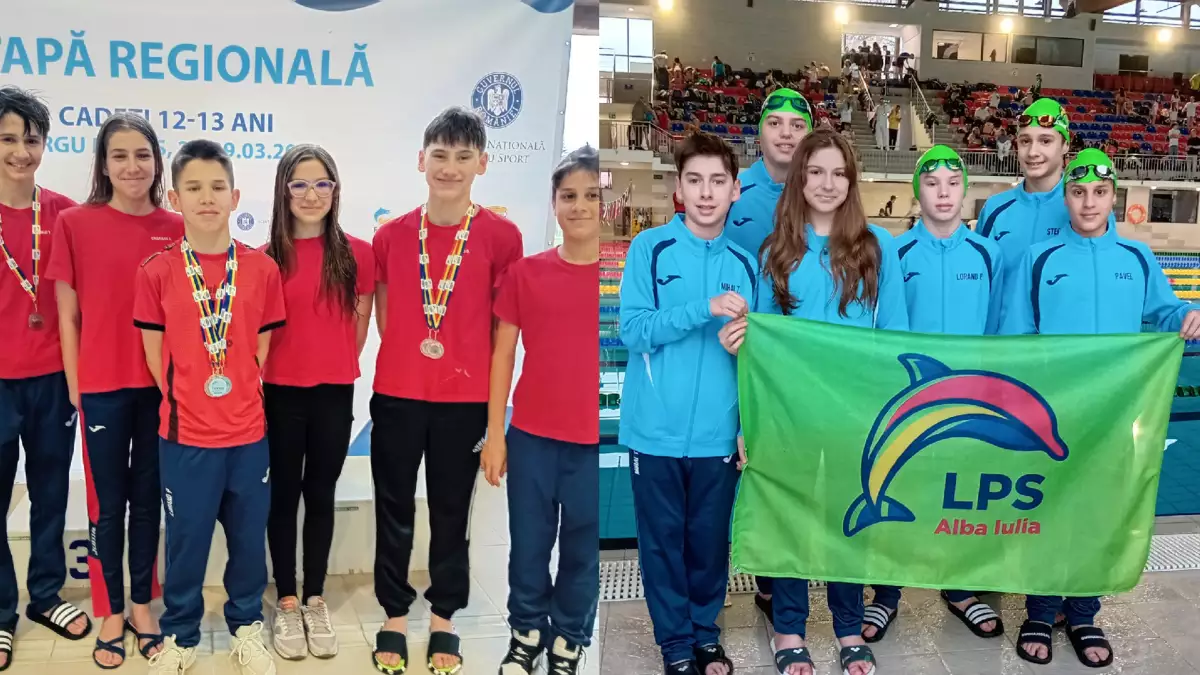 FOTO Inotatorii de la LPS Alba Iulia medalii la etapa regionala a cadetilor Lorand Palfi David Begov Ungur si Stefan Nechita Vesa pe podium