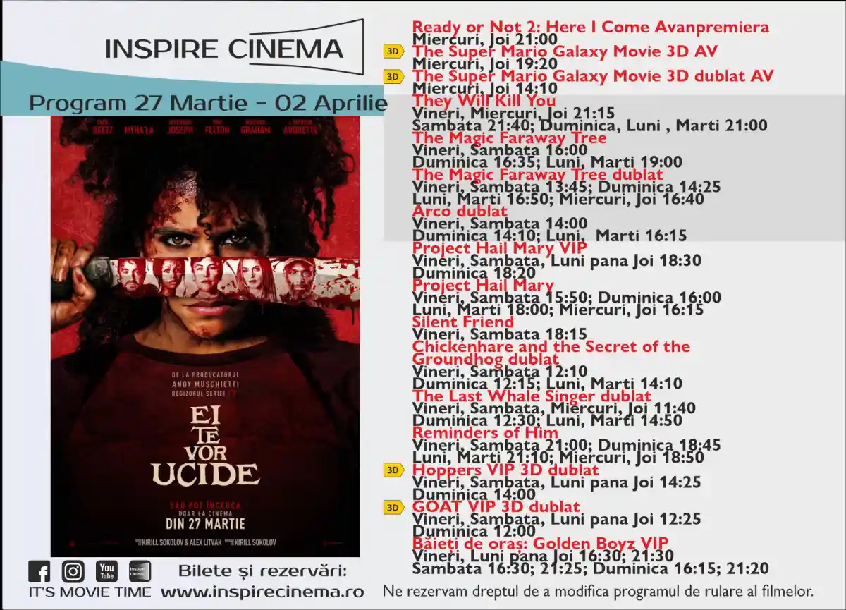 Programul Inspire Cinema Alba Iulia pentru perioada 27 martie 2 aprilie 2026 Filmele care vor rula la cinematograful din Alba Mall