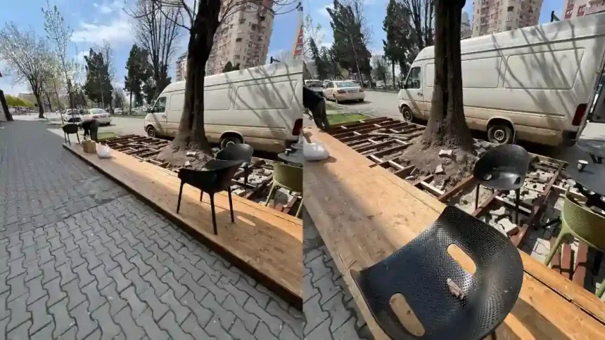 FOTO Cascarabele la zi Terasa amenajata care condamna un copac la moarte la Alba Iulia Arhitect sef Astfel de interventii nu sunt doar neconforme ci pot pune in pericol pietonii si afecteaza imaginea orasului