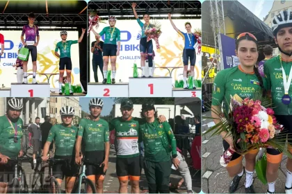 FOTO Ciclistii Miruna si Radu Mada CSM Unirea Alba Iulia pe podium la Poli Bike Challenge din Timisoara