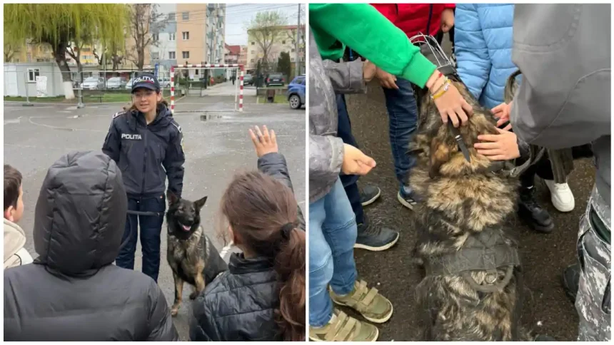 FOTO Elevii Scolii Gimnaziale Ion Agarbiceanu din Alba Iulia intonire cu Sara si Tina doua cateluse politiste in cadrul unei activitati de prevenire Ce subiecte au abordat