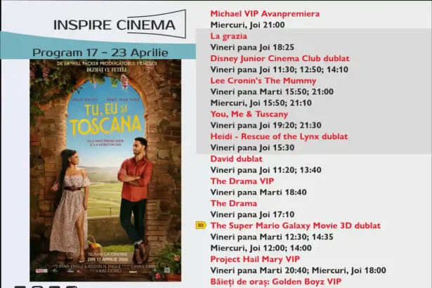 Programul Inspire Cinema Alba Iulia pentru perioada 17 23 aprilie 2026 Care sunt filmele care vor fi difuzate la cinematograful din centrul comercial Alba Mall