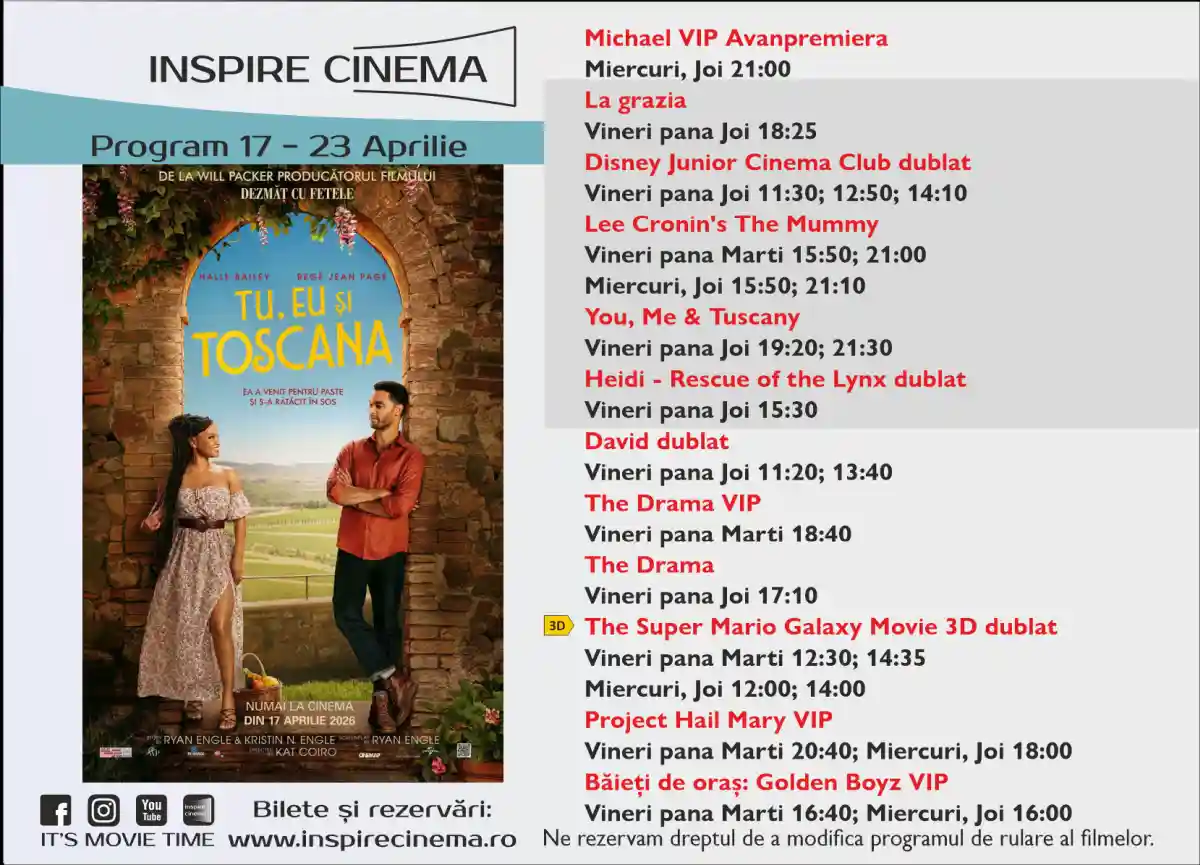 Programul Inspire Cinema Alba Iulia pentru perioada 17 23 aprilie 2026 Care sunt filmele care vor fi difuzate la cinematograful din centrul comercial Alba Mall