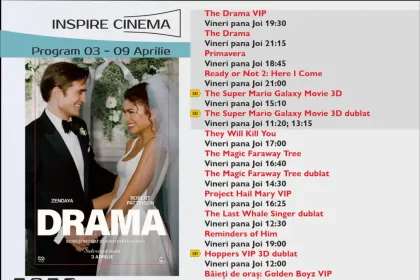 Programul Inspire Cinema Alba Iulia pentru perioada 3 aprilie 9 aprilie 2026 Ce filme vor fi difuzate la cinematograful din centrul comercial Alba Mall