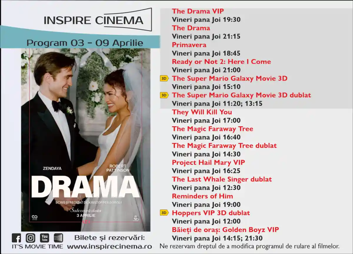 Programul Inspire Cinema Alba Iulia pentru perioada 3 aprilie 9 aprilie 2026 Ce filme vor fi difuzate la cinematograful din centrul comercial Alba Mall