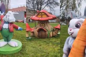 VIDEO Figurinele si ornamentele pentru Patele 2026 au sosit in Cetatea Alba Carolina Iepurele cu palrie figurina principal