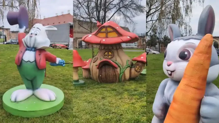 VIDEO Figurinele si ornamentele pentru Patele 2026 au sosit in Cetatea Alba Carolina Iepurele cu palrie figurina principal