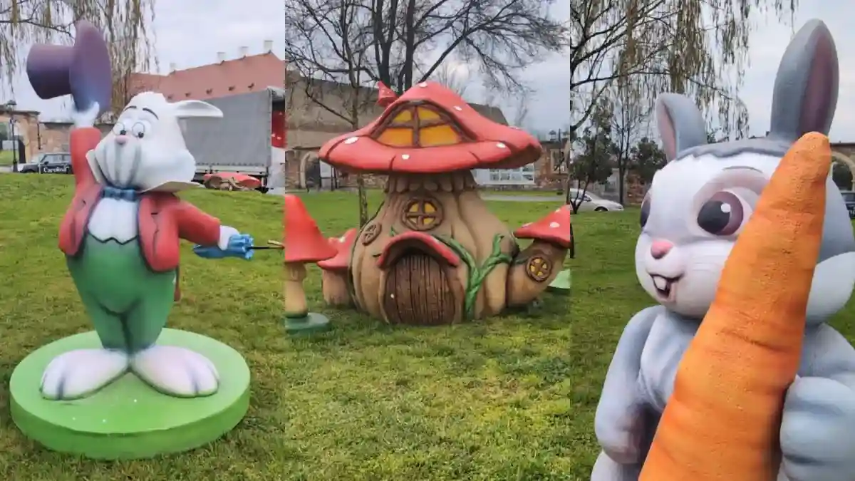 VIDEO Figurinele si ornamentele pentru Patele 2026 au sosit in Cetatea Alba Carolina Iepurele cu palrie figurina principal