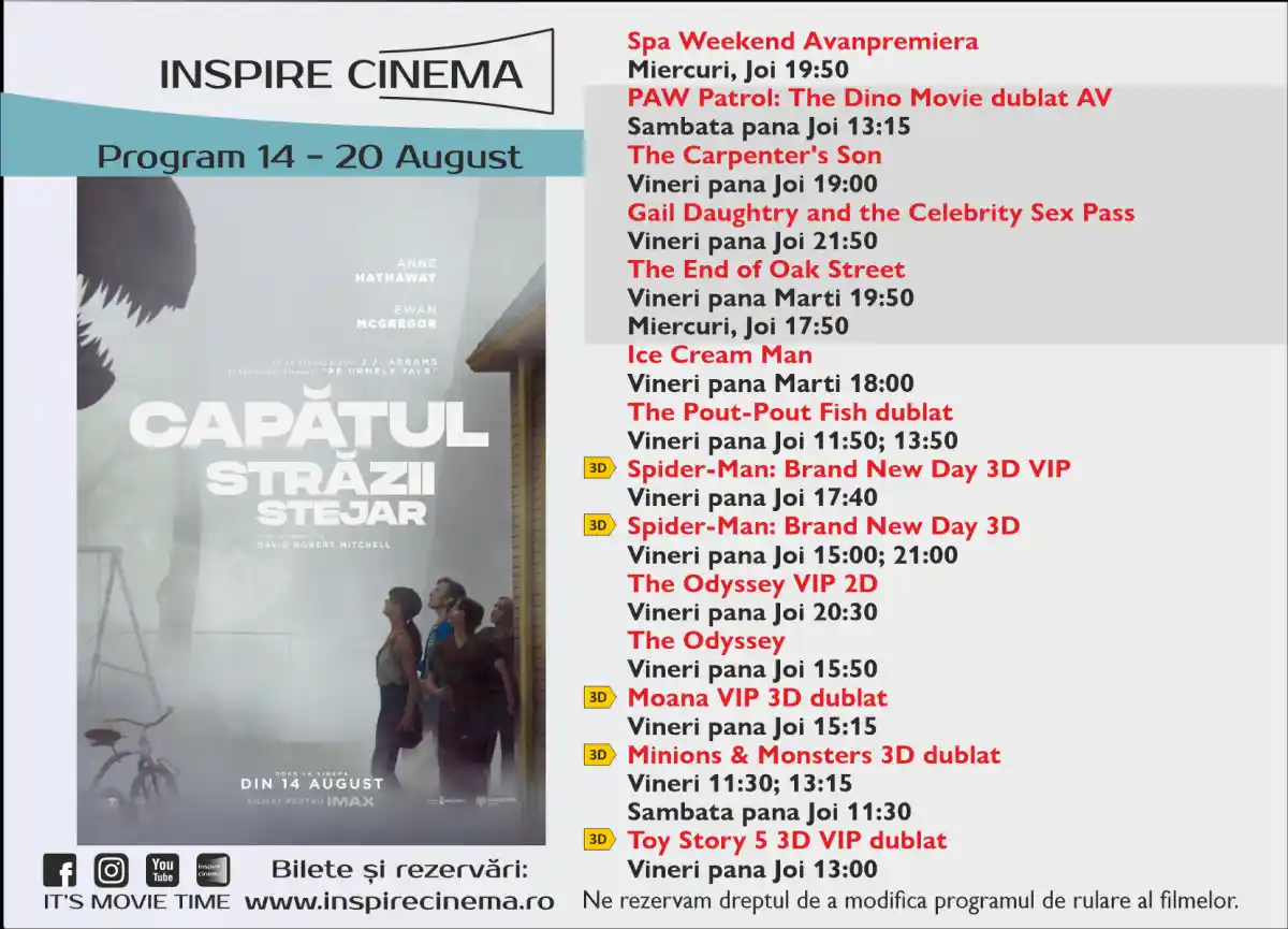 Programul Inspire Cinema Alba Iulia pentru perioada 14 20 august 2026 Ce filme vor fi difuzate la cinematograful din Alba Mall