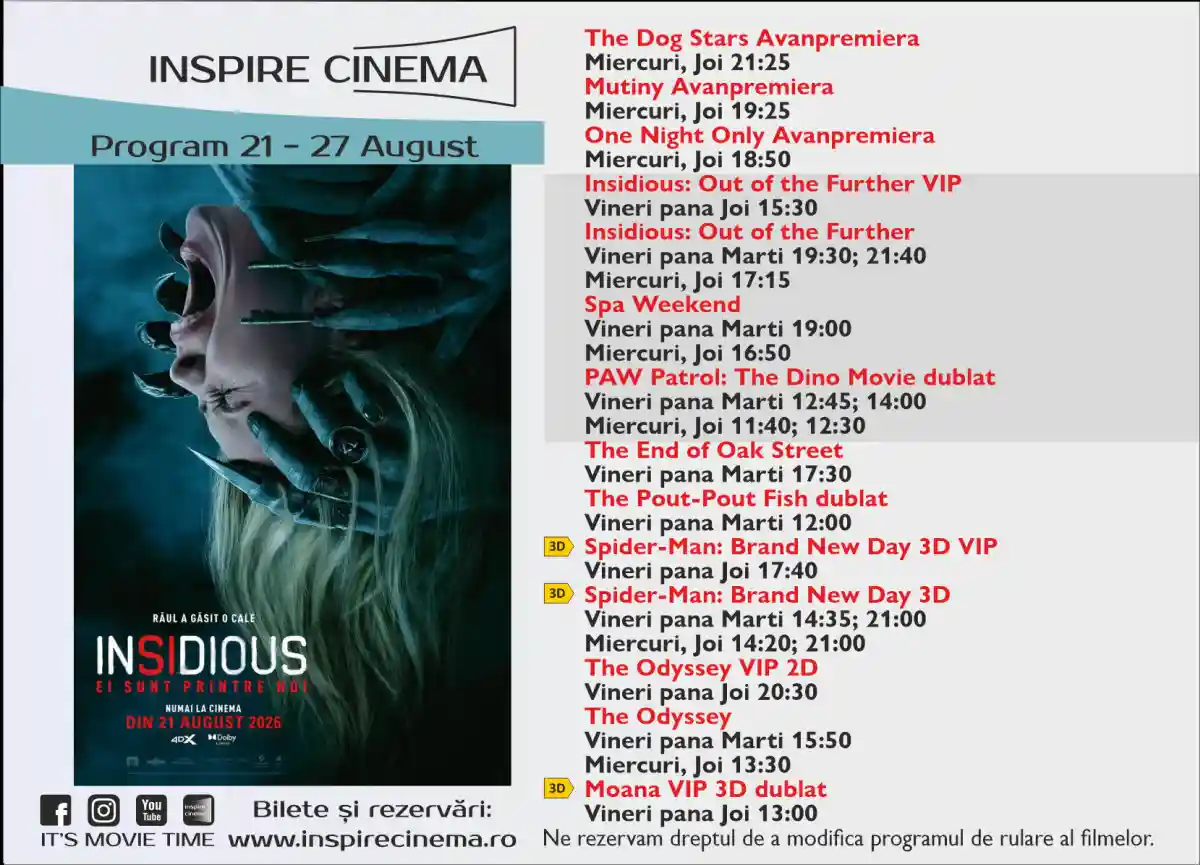 Programul Inspire Cinema Alba Iulia pentru perioada 21 27 august 2026 Ce filme vor fi difuzate la cinematograful din centrul comercial Alba Mall