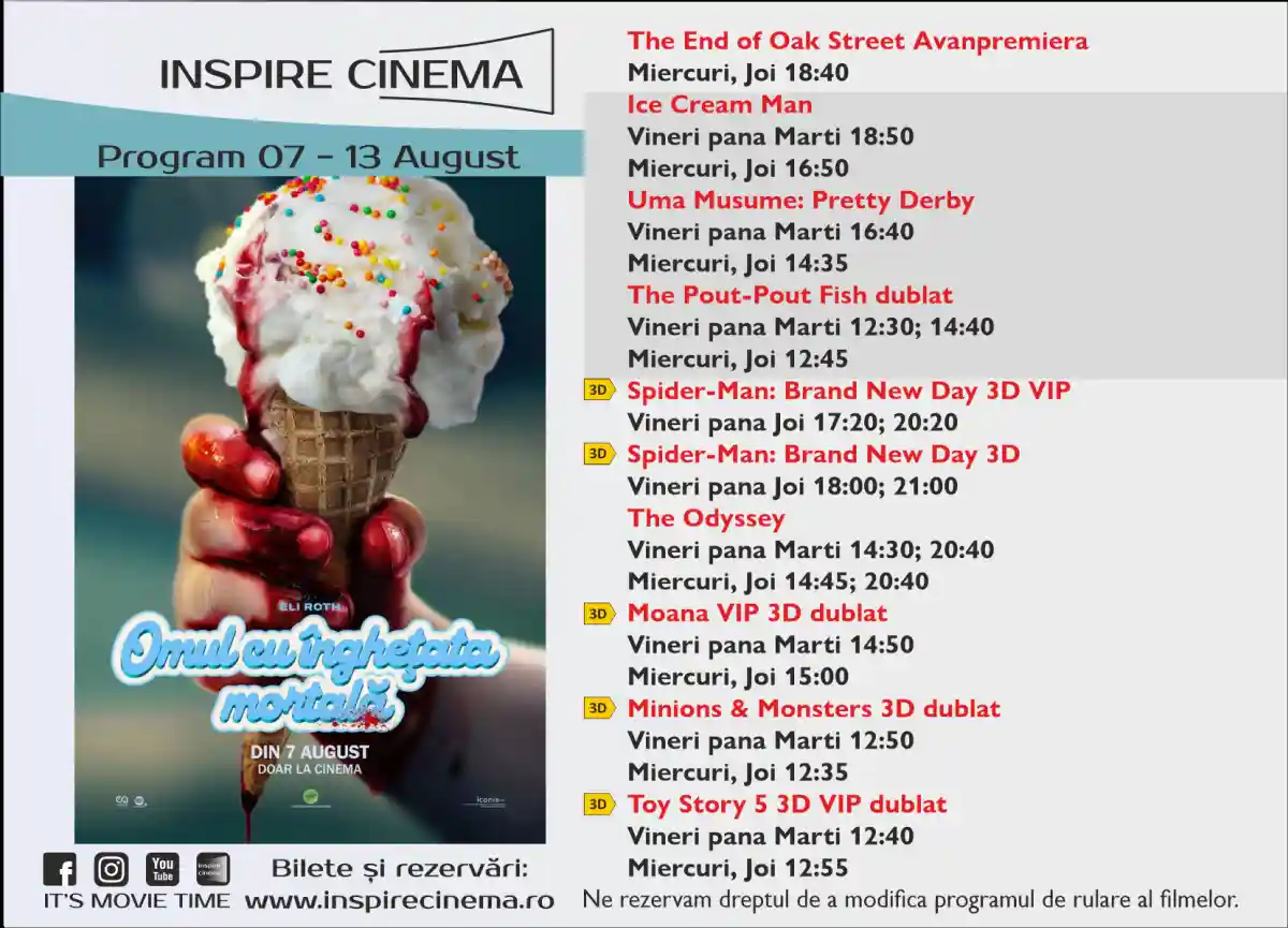 Programul Inspire Cinema Alba Iulia pentru perioada 7 13 august 2026 Ce filme vor fi difuzate la cinematograful din Alba Mall