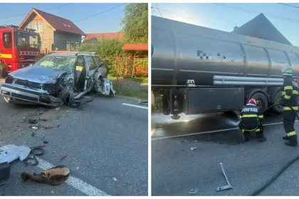 update foto accident rutier pe dn1 la iesirea din unirea un autoturism si o cisterna de motorina implicate traficul este blocat