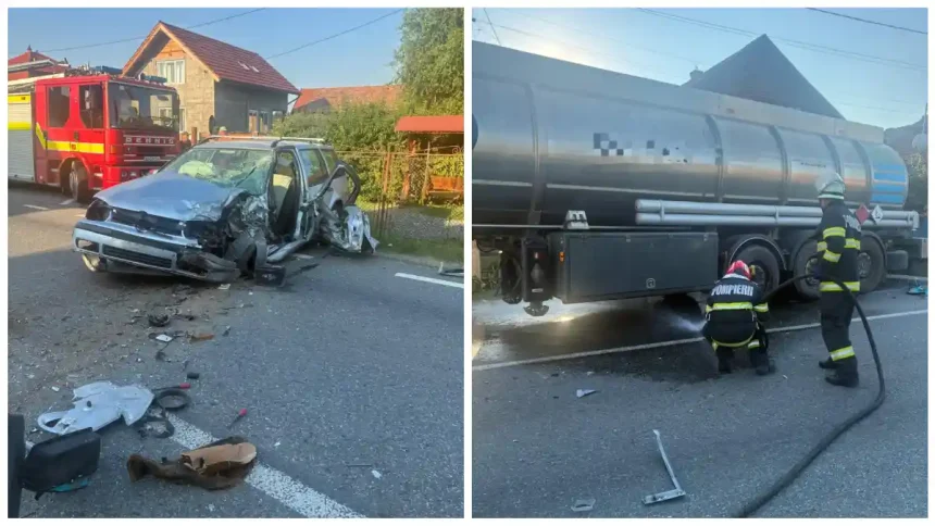 update foto accident rutier pe dn1 la iesirea din unirea un autoturism si o cisterna de motorina implicate traficul este blocat