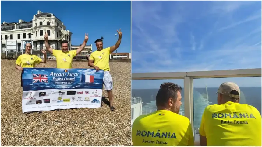 video magnific inotatorul de anduranta avram iancu a strabatut canalul manecii inotand in stil brat albaiulianul radu ileana a fost parte din echipa de suport