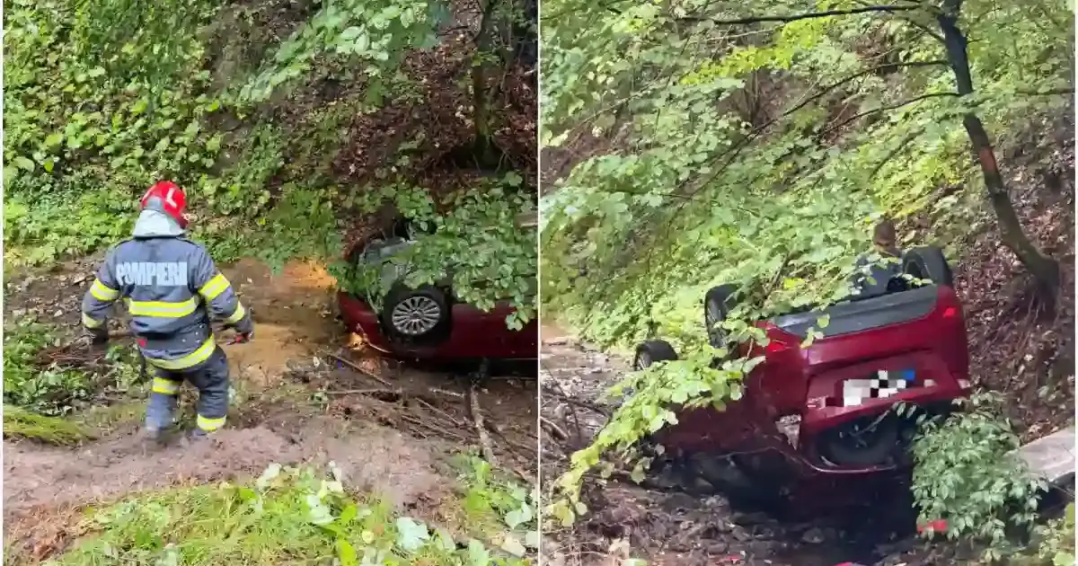 Accident pe DN 74: O mașină s-a răsturnat în râu la Bucium Cerbu